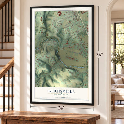 Kernsville, Pennsylvania map, 24 x 36 inch print in a black frame by a staircase