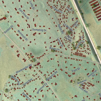 Close-up of the map of Kernsville, Pennsylvania print showing street and building detail