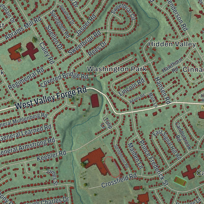 Close-up of the map of King of Prussia, Pennsylvania print showing street and building detail