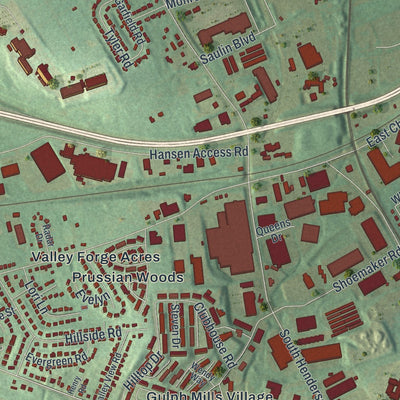 Second close-up of the map of King of Prussia, Pennsylvania print showing more streets and buildings