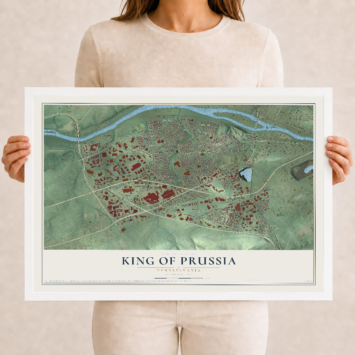 Map of King of Prussia, Pennsylvania, 12 x 18 inch print in a white wood frame