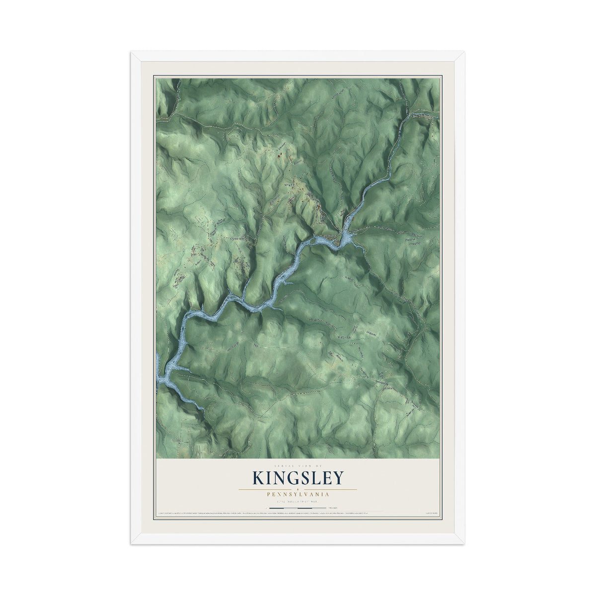 Map of Kingsley, Pennsylvania, 12 x 18 inch print in a white wood frame