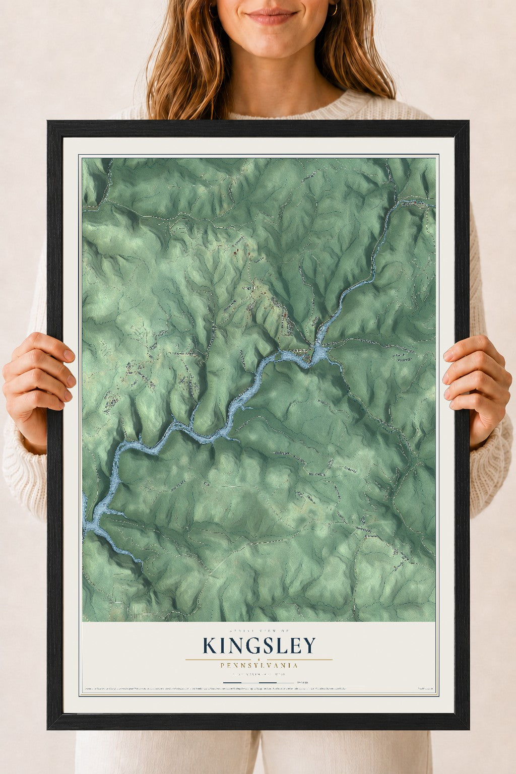 Map of Kingsley, Pennsylvania, 18 x 24 inch print in a black wood frame