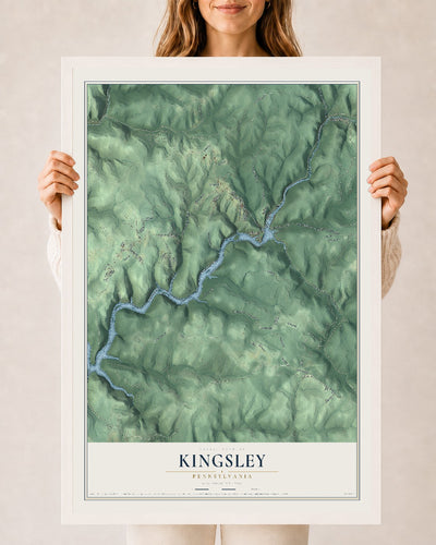 Map of Kingsley, Pennsylvania, 24 x 36 inch print in a white wood frame