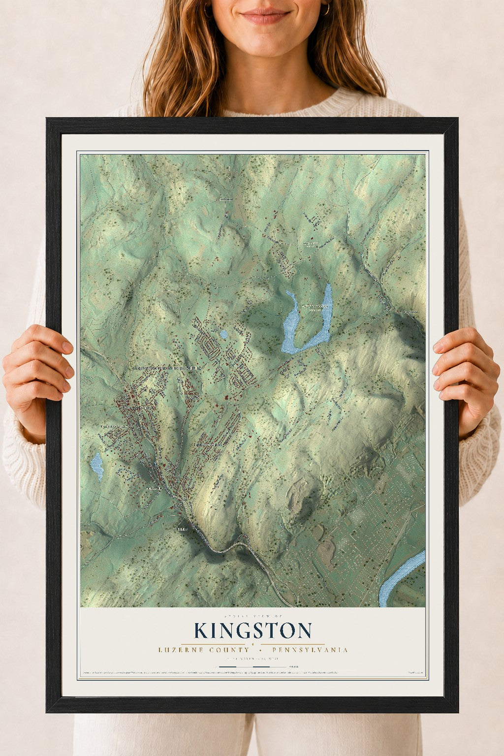 Map of Kingston, Luzerne County, Pennsylvania, 18 x 24 inch print in a black wood frame