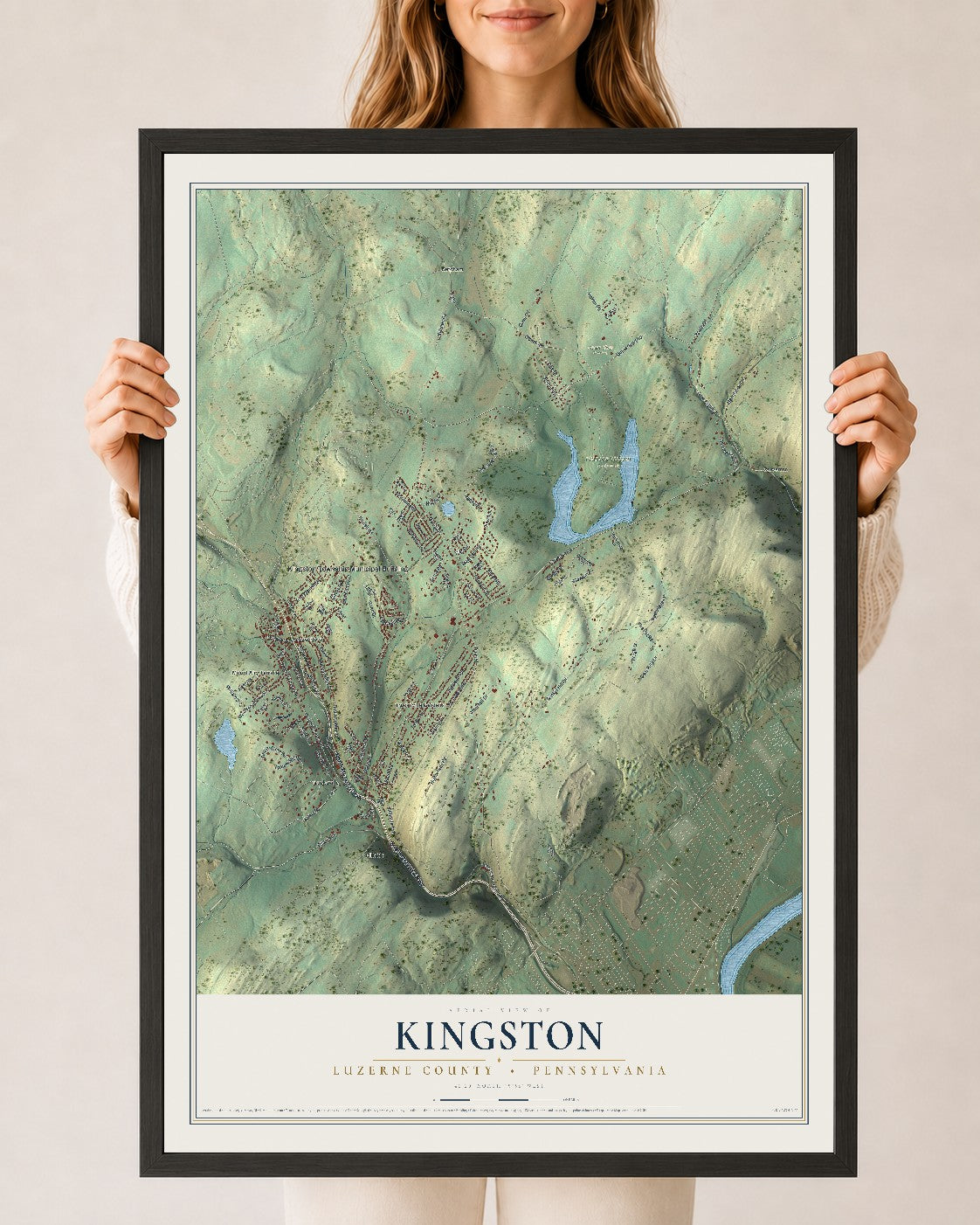 Map of Kingston, Luzerne County, Pennsylvania, 24 x 36 inch print in a black wood frame
