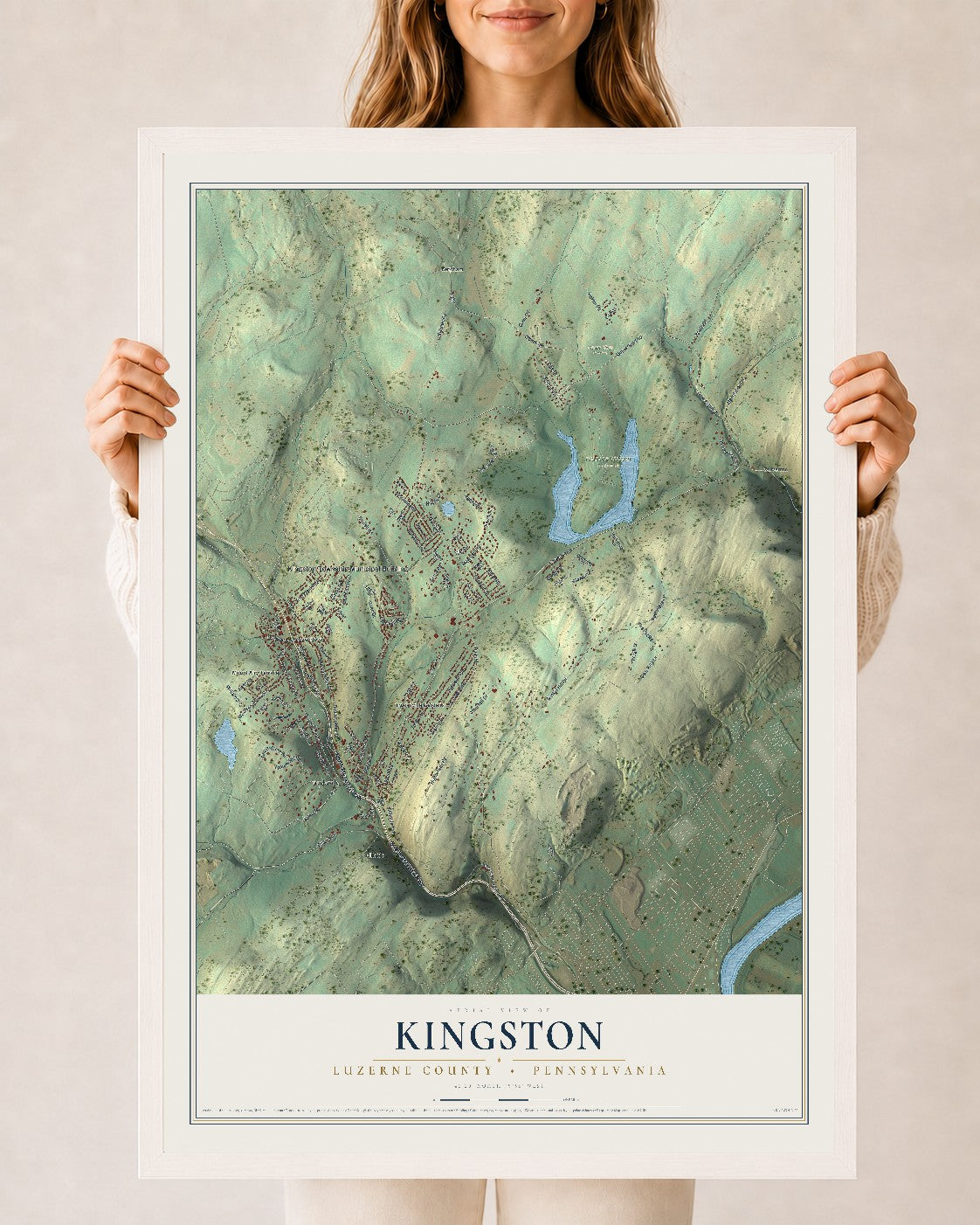 Map of Kingston, Luzerne County, Pennsylvania, 24 x 36 inch print in a white wood frame
