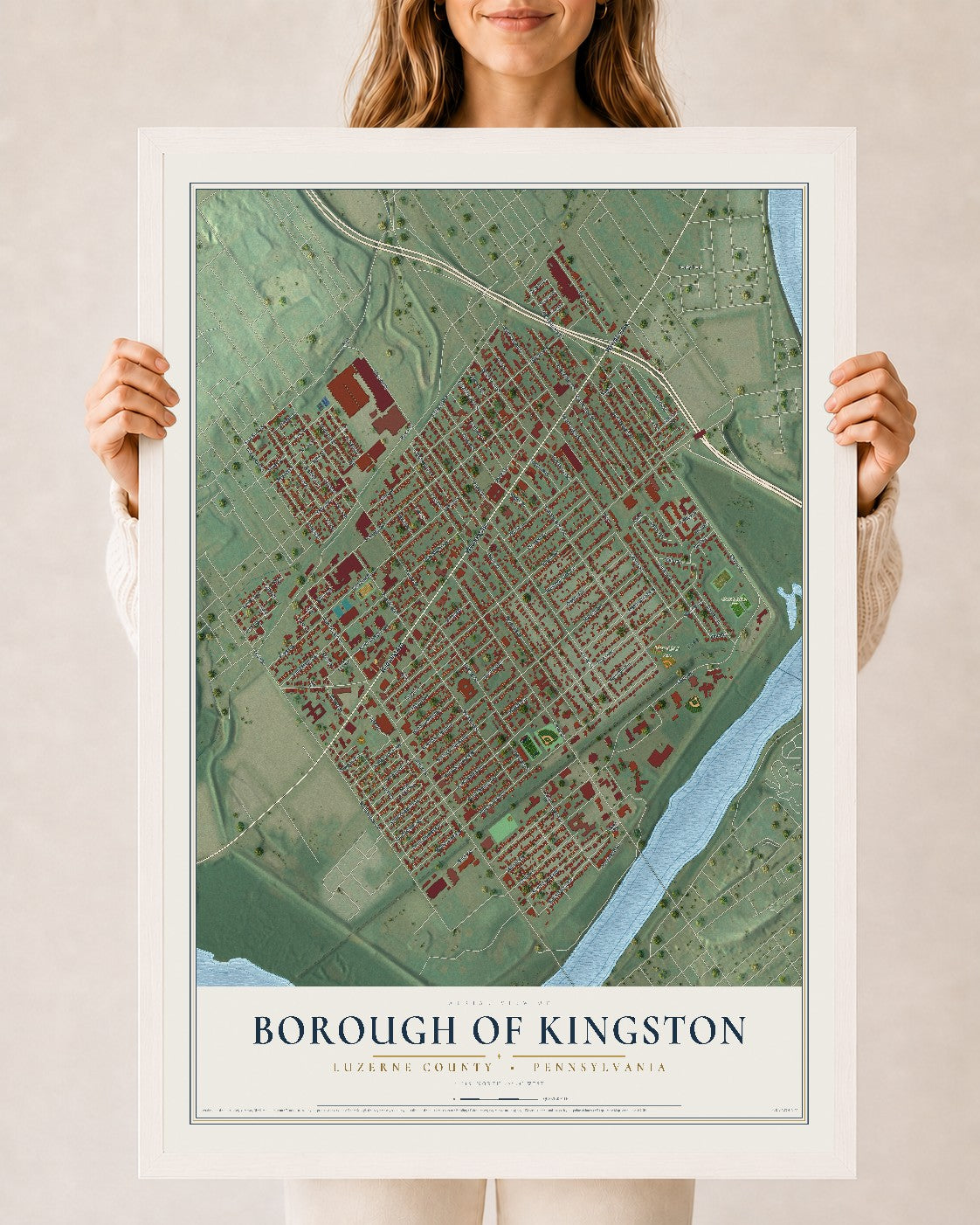 Map of the Borough of Kingston, Luzerne County, Pennsylvania, 24 x 36 inch print in a white wood frame