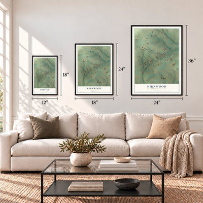 Kirkwood, Pennsylvania map in 12 x 18, 18 x 24 and 24 x 36 inch sizes above a sofa