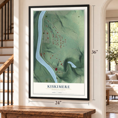 Kiskimere, Pennsylvania map, 24 x 36 inch print in a black frame by a staircase