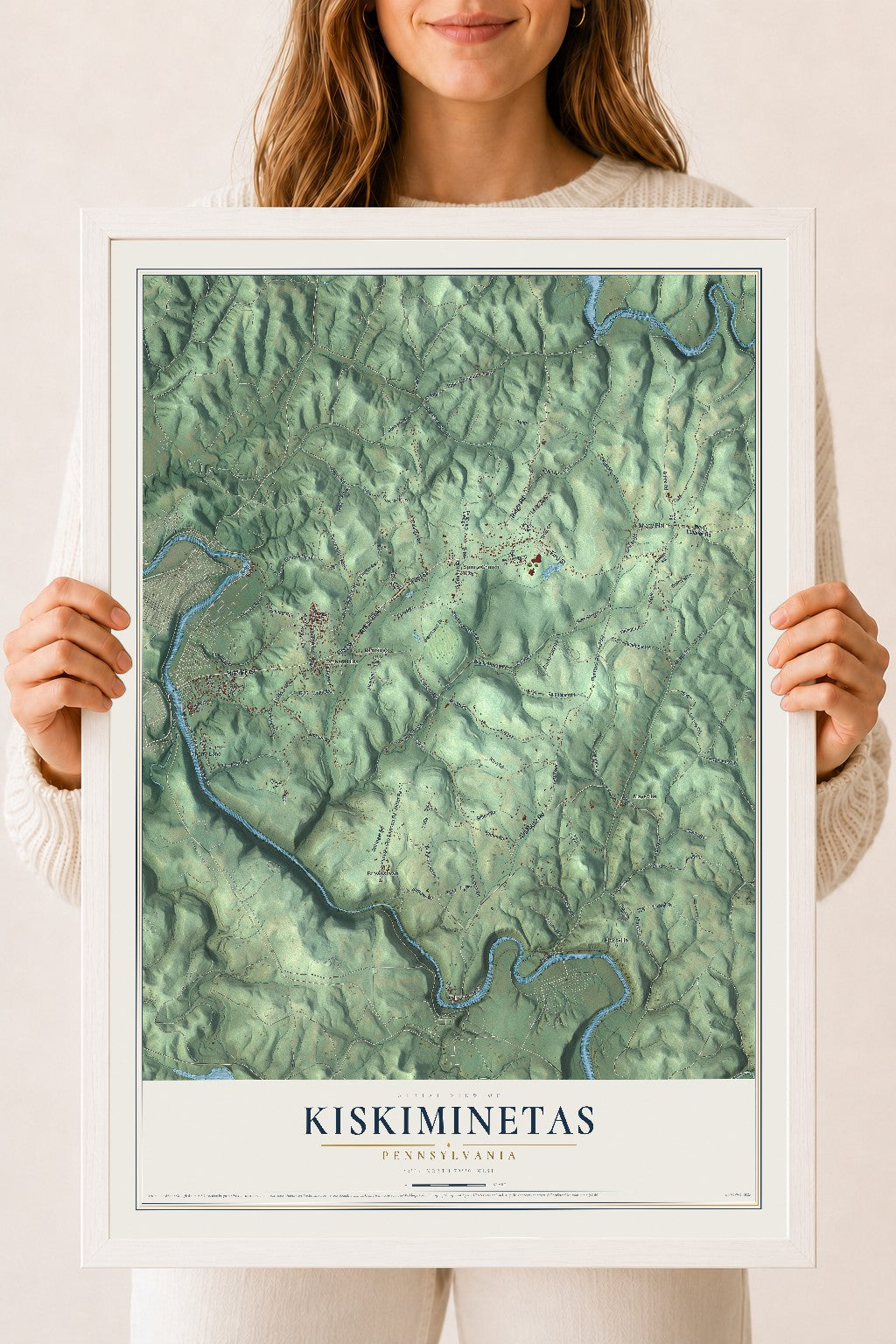 Map of Kiskiminetas, Pennsylvania, 18 x 24 inch print in a white wood frame