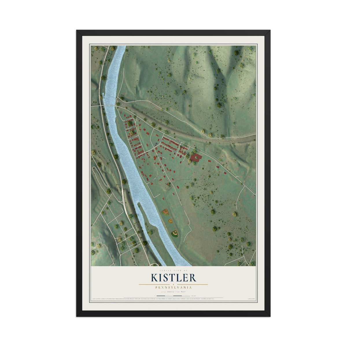 Map of Kistler, Pennsylvania, 12 x 18 inch print in a black wood frame