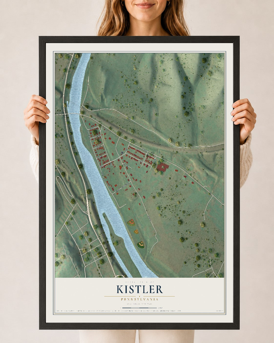 Map of Kistler, Pennsylvania, 24 x 36 inch print in a black wood frame