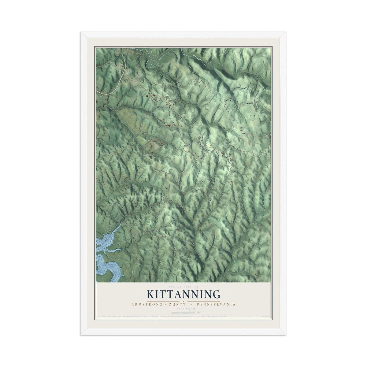 Map of Kittanning, Armstrong County, Pennsylvania, 12 x 18 inch print in a white wood frame