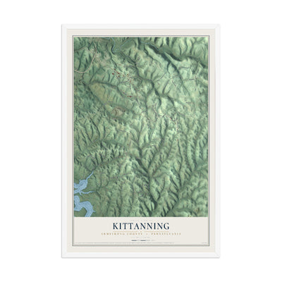 Map of Kittanning, Armstrong County, Pennsylvania, 12 x 18 inch print in a white wood frame