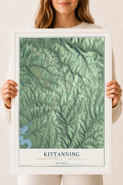 Map of Kittanning, Armstrong County, Pennsylvania, 18 x 24 inch print in a white wood frame
