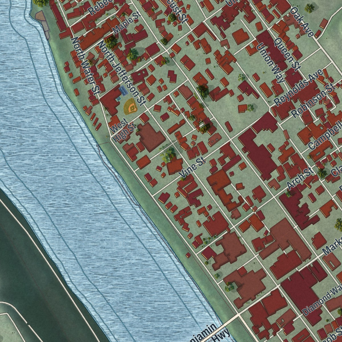 Close-up of the map of the Borough of Kittanning, Armstrong County, Pennsylvania print showing street and building detail