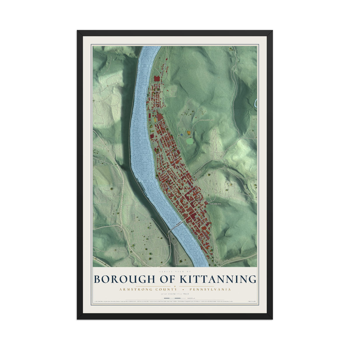 Map of the Borough of Kittanning, Armstrong County, Pennsylvania, 12 x 18 inch print in a black wood frame