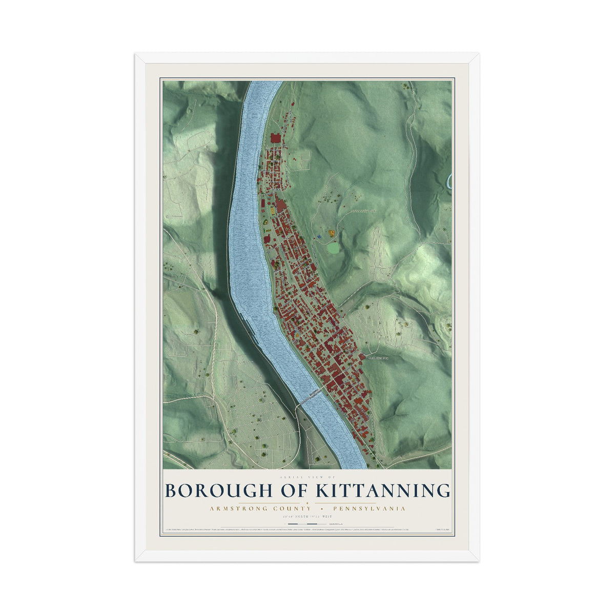 Map of the Borough of Kittanning, Armstrong County, Pennsylvania, 12 x 18 inch print in a white wood frame