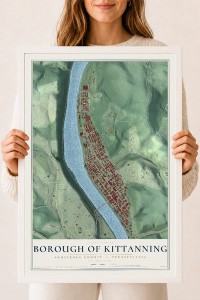 Map of the Borough of Kittanning, Armstrong County, Pennsylvania, 18 x 24 inch print in a white wood frame