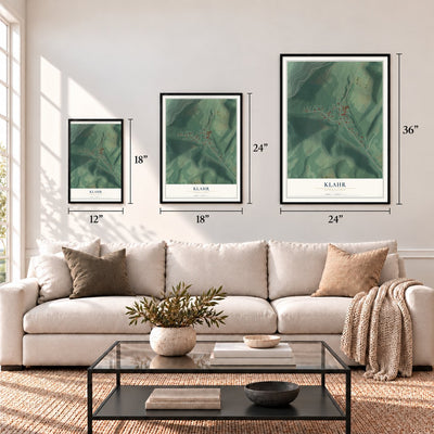 Klahr, Pennsylvania map in 12 x 18, 18 x 24 and 24 x 36 inch sizes above a sofa