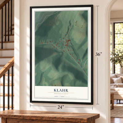 Klahr, Pennsylvania map, 24 x 36 inch print in a black frame by a staircase