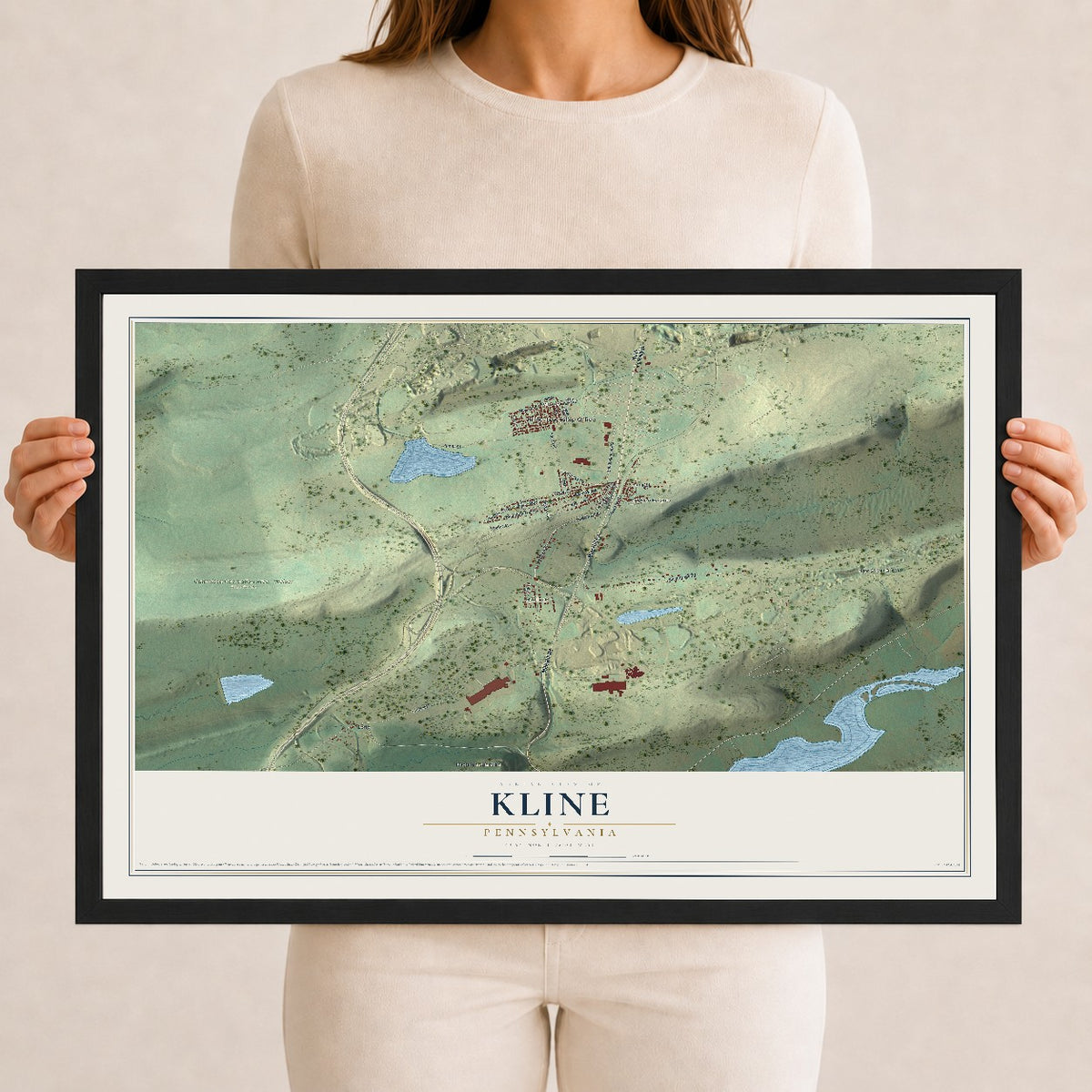 Map of Kline, Pennsylvania, 12 x 18 inch print in a black wood frame