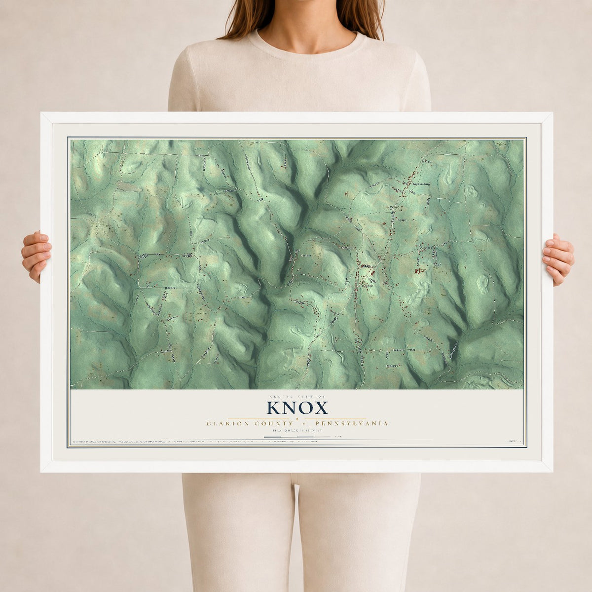 Map of Knox, Clarion County, Pennsylvania, 24 x 36 inch print in a white wood frame