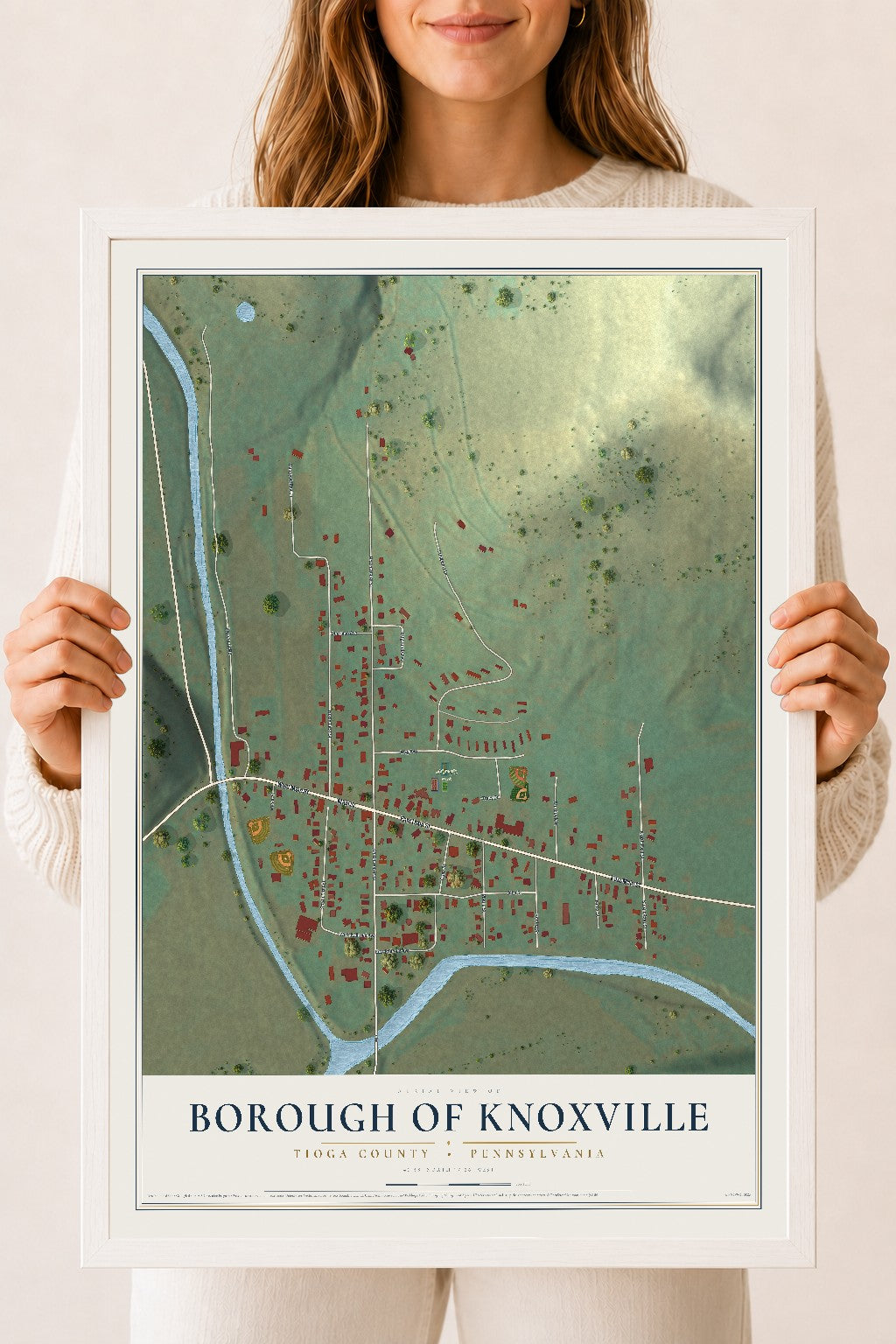 Map of the Borough of Knoxville, Tioga County, Pennsylvania, 18 x 24 inch print in a white wood frame