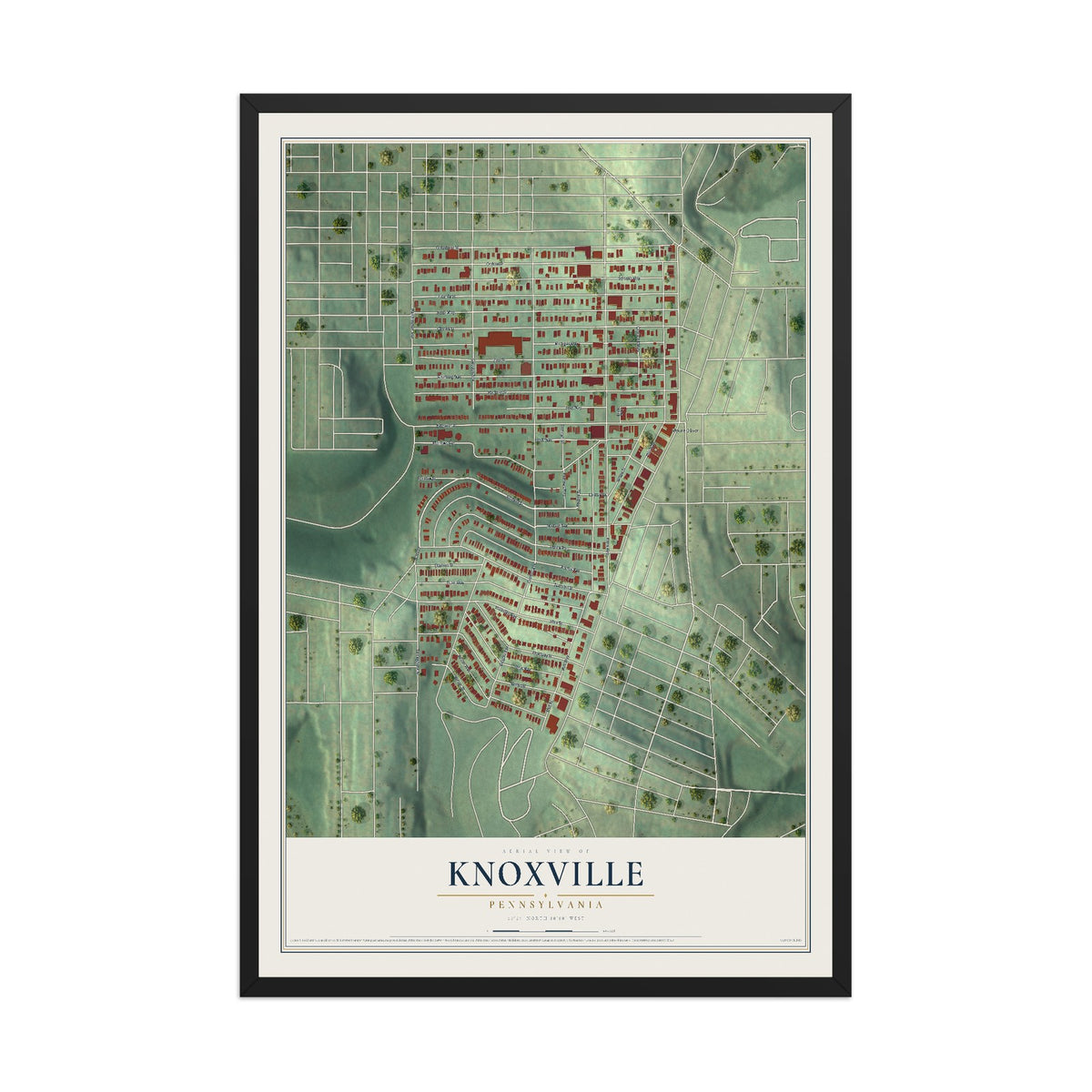 Map of Knoxville, Pennsylvania, 12 x 18 inch print in a black wood frame