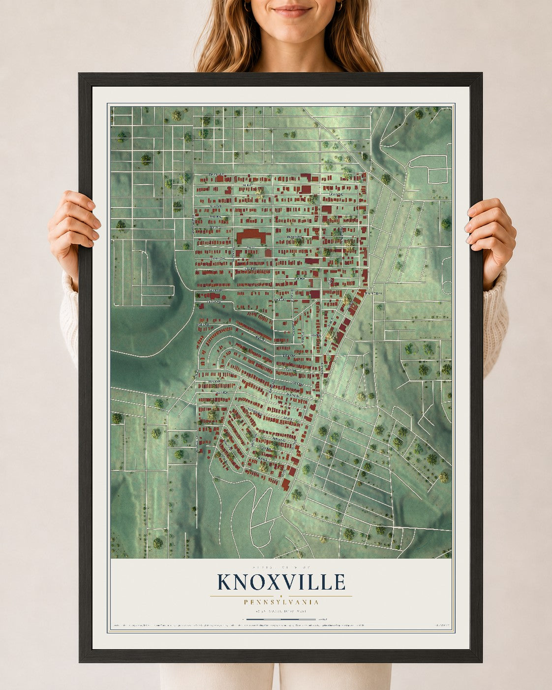 Map of Knoxville, Pennsylvania, 24 x 36 inch print in a black wood frame