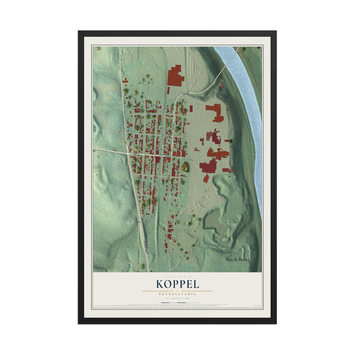 Map of Koppel, Pennsylvania, 12 x 18 inch print in a black wood frame