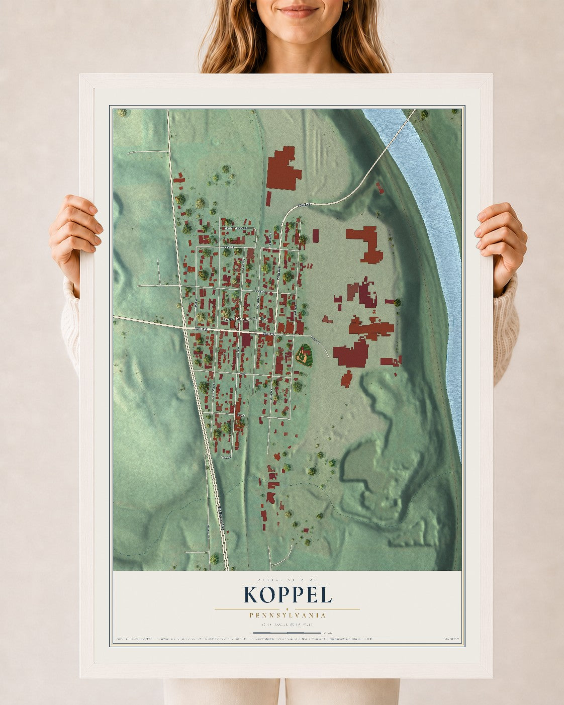 Map of Koppel, Pennsylvania, 24 x 36 inch print in a white wood frame