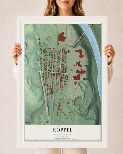 Map of Koppel, Pennsylvania, 24 x 36 inch print in a white wood frame