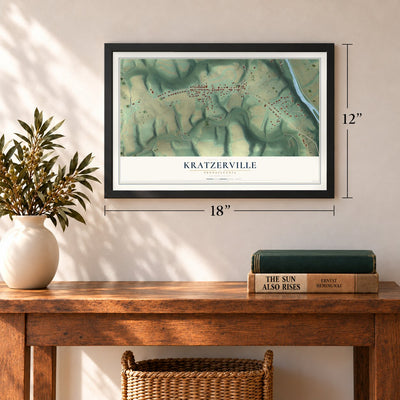 Kratzerville, Pennsylvania map, 12 x 18 inch print in a black frame in an entryway