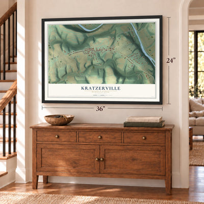 Kratzerville, Pennsylvania map, 24 x 36 inch print in a black frame above a dresser by a staircase