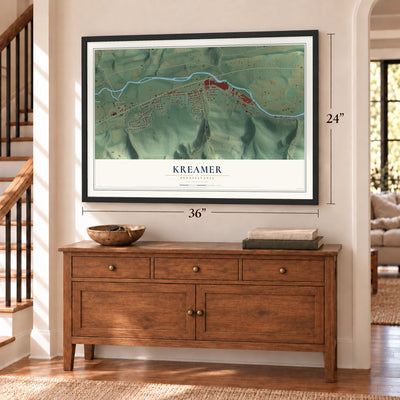 Kreamer, Pennsylvania map, 24 x 36 inch print in a black frame above a dresser by a staircase
