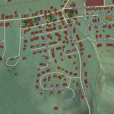 Close-up of the map of Kreamer, Pennsylvania print showing street and building detail