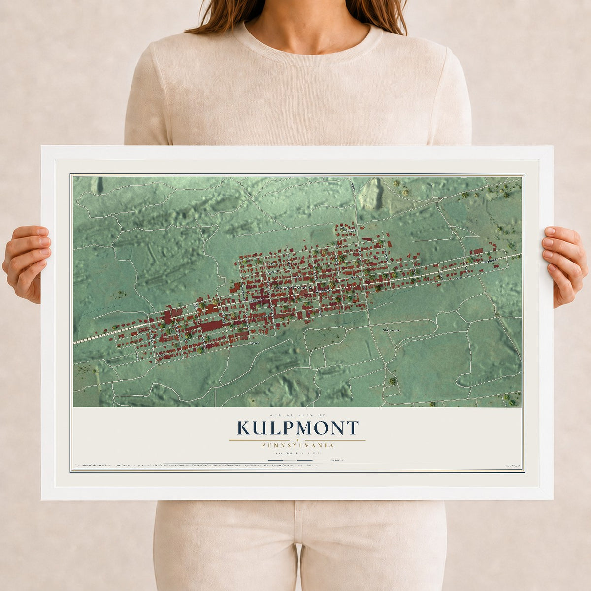Map of Kulpmont, Pennsylvania, 12 x 18 inch print in a white wood frame