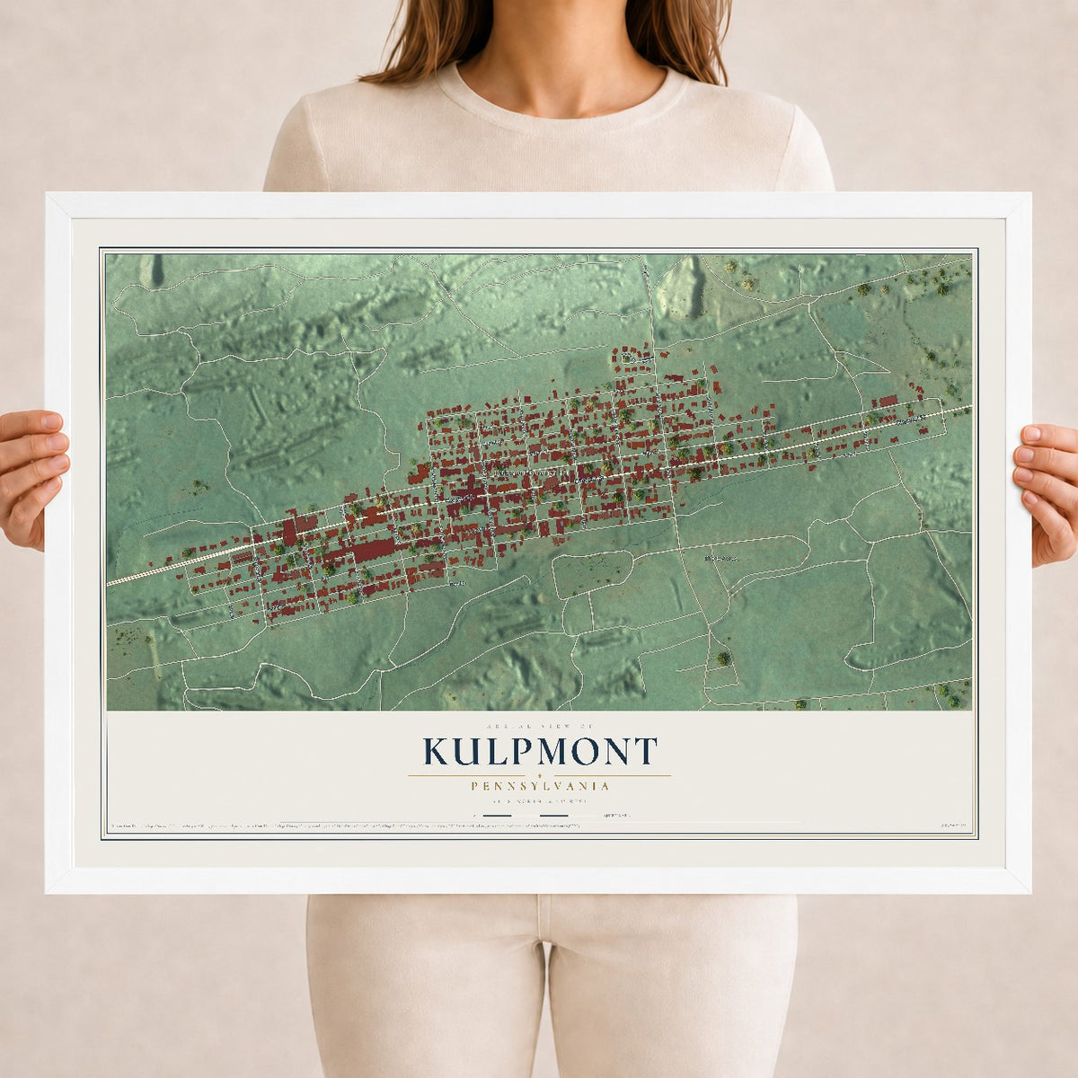 Map of Kulpmont, Pennsylvania, 18 x 24 inch print in a white wood frame