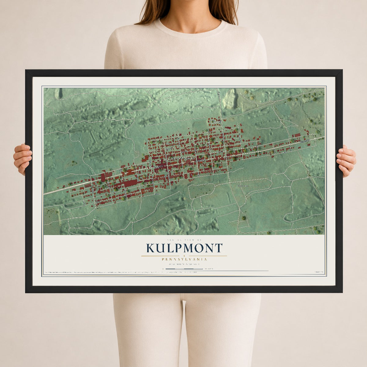 Map of Kulpmont, Pennsylvania, 24 x 36 inch print in a black wood frame
