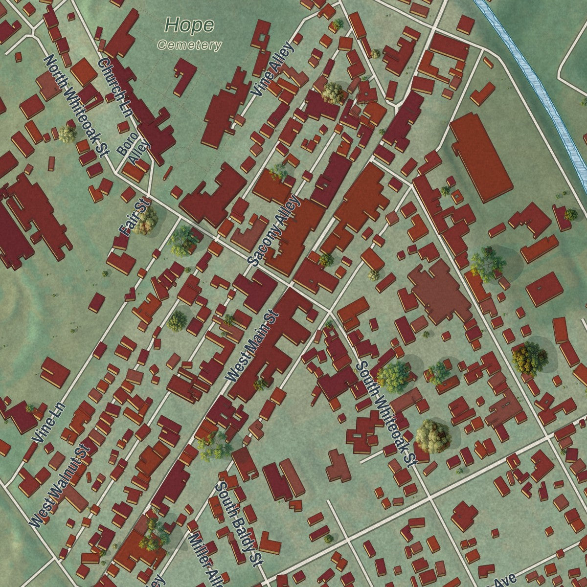 Close-up of the map of Kutztown, Pennsylvania print showing street and building detail