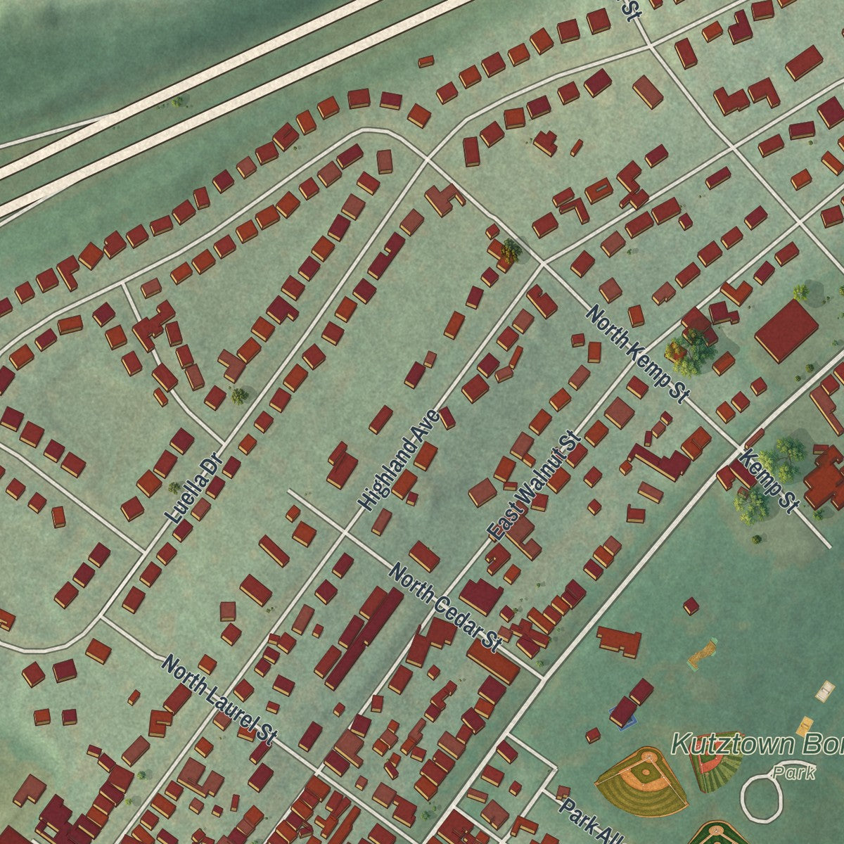 Second close-up of the map of Kutztown, Pennsylvania print showing more streets and buildings