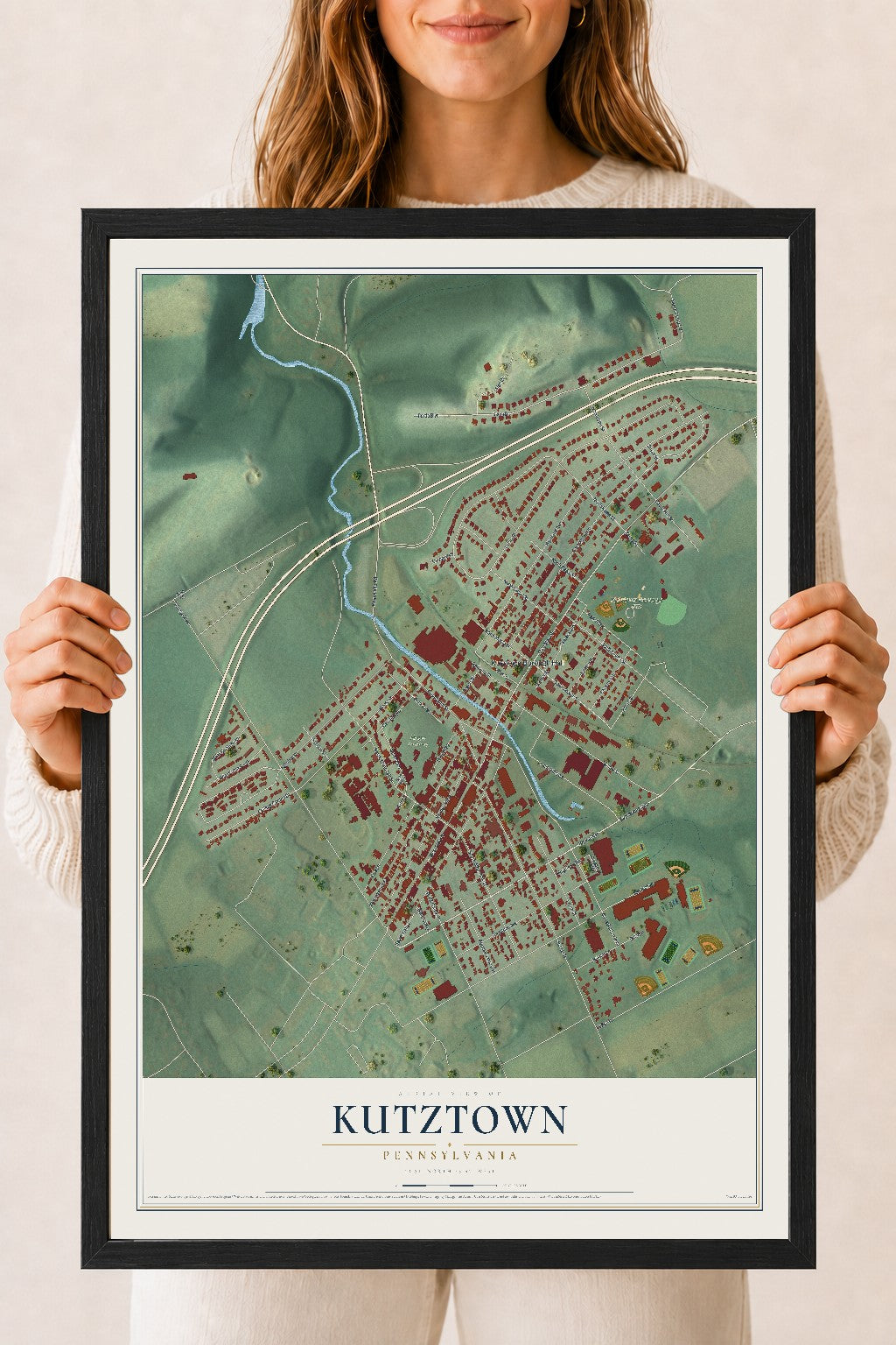 Map of Kutztown, Pennsylvania, 18 x 24 inch print in a black wood frame