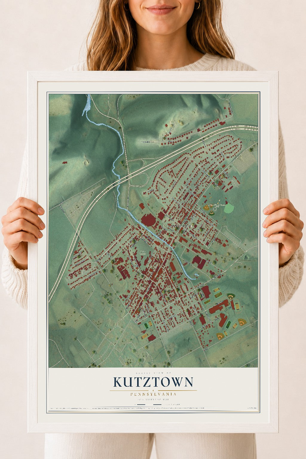 Map of Kutztown, Pennsylvania, 18 x 24 inch print in a white wood frame