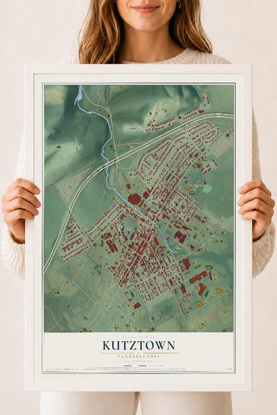 Map of Kutztown, Pennsylvania, 18 x 24 inch print in a white wood frame