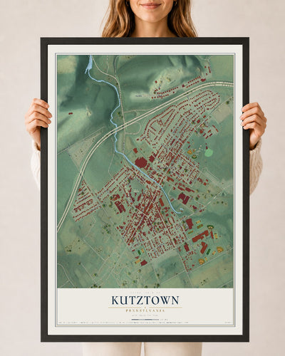 Map of Kutztown, Pennsylvania, 24 x 36 inch print in a black wood frame