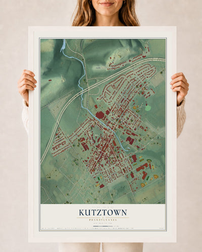Map of Kutztown, Pennsylvania, 24 x 36 inch print in a white wood frame
