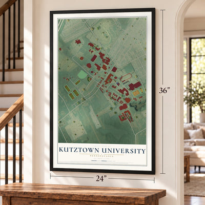 Kutztown University, Pennsylvania map, 24 x 36 inch print in a black frame by a staircase