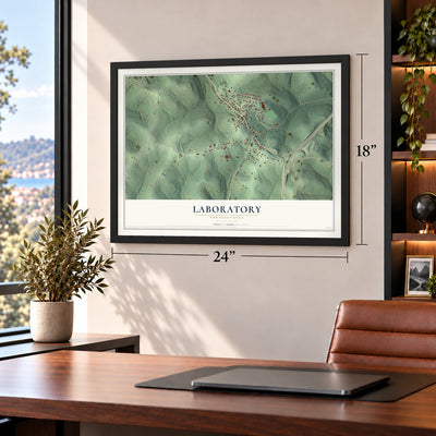 Laboratory, Pennsylvania map, 18 x 24 inch print in a black frame in a home office